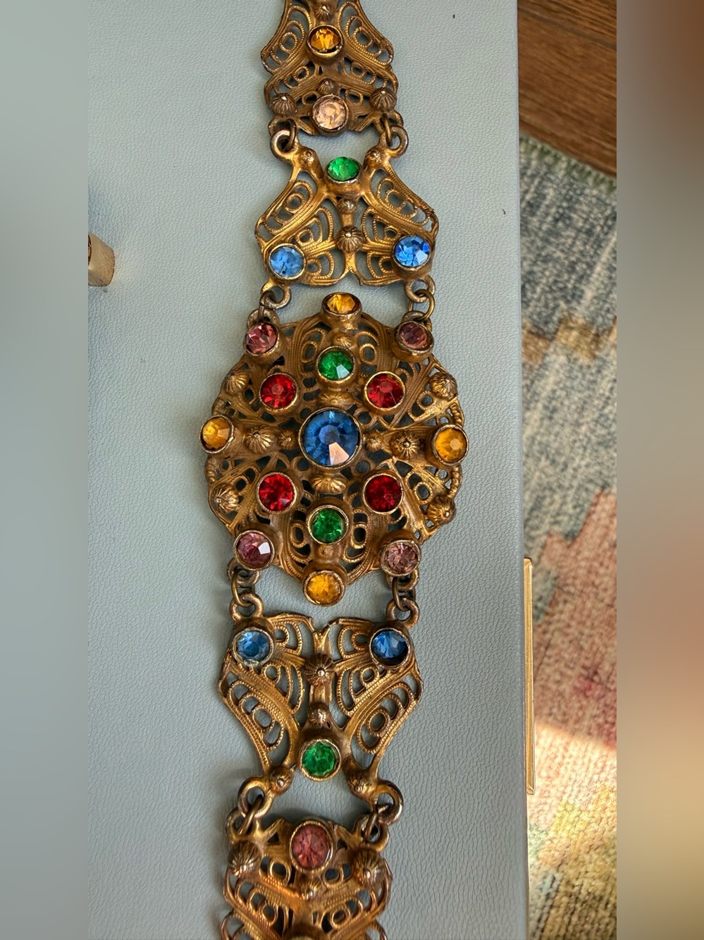 1930s Art Deco Czech Rainbow Glass Filigree Bracelet - Picture 10 of 12